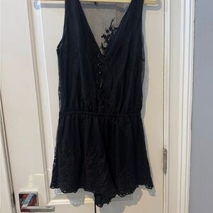 Express Black Lace Mesh Top with Floral Embroidery